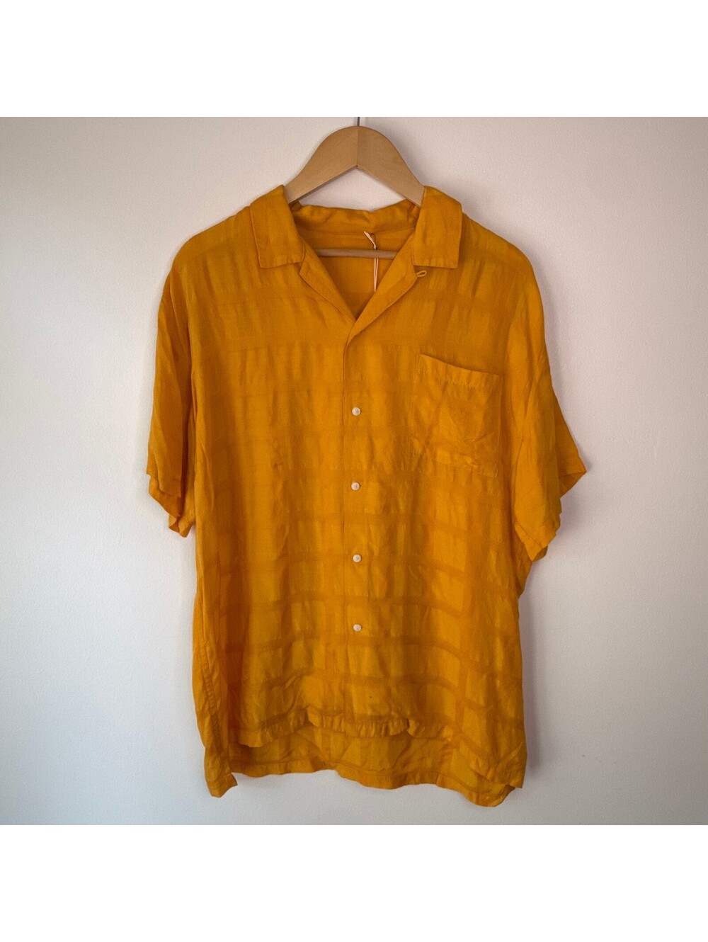 Vintage 60s Yellow Golden Plaid Rayon Blend Loop Collar Short Sleeve Shirt Large